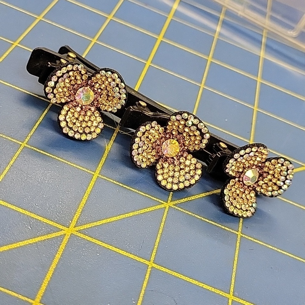 Sparkling Rhinestone Flowe Multi-layer Braided Hair Clips w Teeth Black 4"